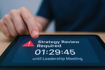 Poster - A business professional initiates a strategic review on a digital device emphasizing decision-making and leadership readiness ahead an important meeting