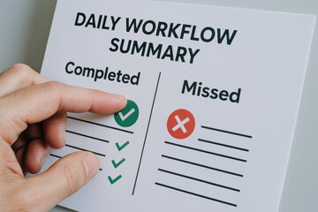 Poster - A hand marks completed tasks on a daily workflow summary reflecting effective decision-making and strategy to enhance business efficiency