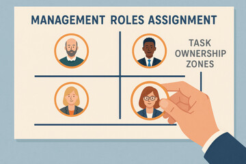 Poster - A strategic management roles assignment illustrates task ownership zones highlighting decision-making and leadership to optimize business workflow and team efficiency