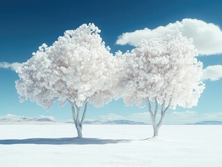 Wall Mural - Two trees adorned with fluffy, white snow, standing tall in a vast, snowy landscape under a clear, azure sky