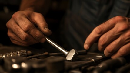 Poster - Expert hands organize metal tools on a workbench during late evening hours in a workshop
