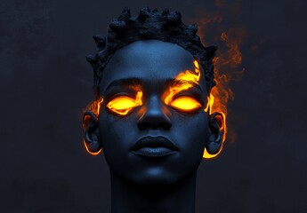 Poster - A surrealistic 3D illustration features a human face made from holographic chrome-plated material, symbolizing the concept of a cyborg and stock