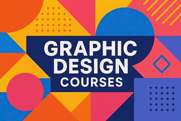 Poster - Vibrant abstract background featuring colorful geometric shapes promoting graphic design courses.