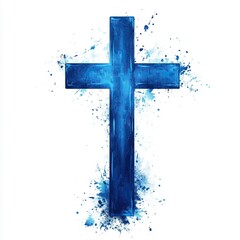 Poster - Vibrant blue cross painted with artistic strokes, surrounded by splashes of color, symbolizing faith and spirituality.