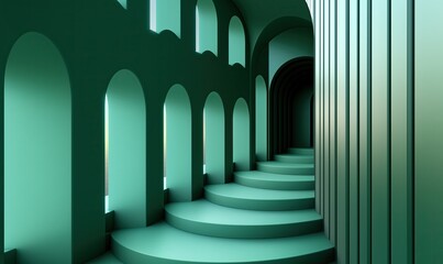 Poster - Abstract dark green gradient background with striped patterns and architectural elements, creating a serene atmosphere.