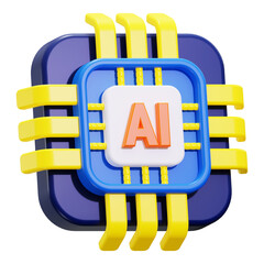 Poster - Ai chip 3D rendering in blue and yellow. Suitable for tech concept designs, AI technology presentations, and futuristic visuals