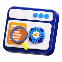 Poster - Ai research concept featuring a browser window, magnifying glass, and ai chip. Suitable for technology and artificial intelligence related projects