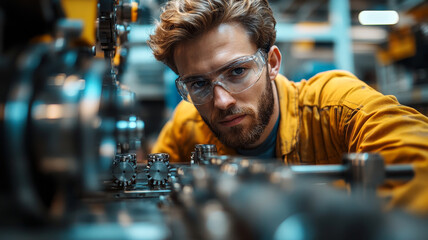 Poster - engineer working on mechanical assembly line, focused and determined in workshop environment