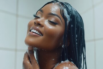 Poster - A beautiful young woman in the bathroom is applying some hair conditioner