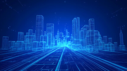 Aufkleber - Digital Cityscape: A futuristic urban landscape illuminated by vibrant blue lines, symbolizing the cutting-edge world of technology, connectivity, and smart cities.