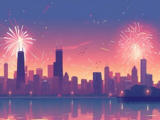 Poster - 都市の夜空を彩る花火の鮮やかな光景 水面と建物のシルエットが織りなす祝祭の雰囲気