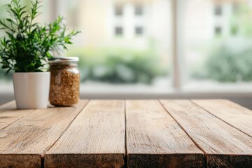 Fototapete - Wooden table showcasing eco-friendly products with blurred green forest backdrop