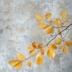Grunge gold leaves tree branch on slate gray and soft beige concrete wall artistic design for fall season