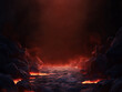 © Sunny - Hyper-realistic dark cave entrance with a black background, rugged rock walls on the left and right, and an intense glowing red light emerging from within.