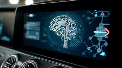 Poster - AI Interface: Futuristic car dashboard display showcases an intricate brain-like interface. It combines technology, innovation, and future concepts in the transportation realm. 