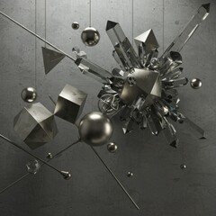 Poster - Abstract 3D Render: Geometric Crystalline Explosion of Metal and Glass Against a Dark Gray Background