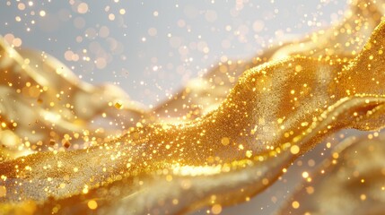 Poster - This captivating image features shimmering gold particles floating gracefully over a soft white background, creating an elegant and festive atmosphere perfect for designs.