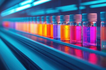 Aufkleber - Futuristic laboratory showing colorful liquid samples in glass jars on metal bench