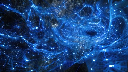 Poster - Abstract image depicting an organic communication network with luminous blue lights. Ideal for technology, innovation, and digital themes.