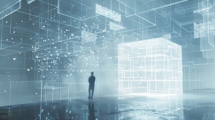 Poster - A person interacts with a floating data cube in a futuristic digital landscape, symbolizing the merging of technology and human experience in data analytics.
