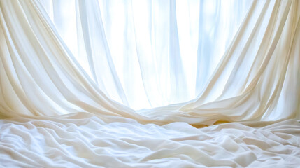 Wall Mural - White drapes and sheets elegantly covering bed by sunlit window
