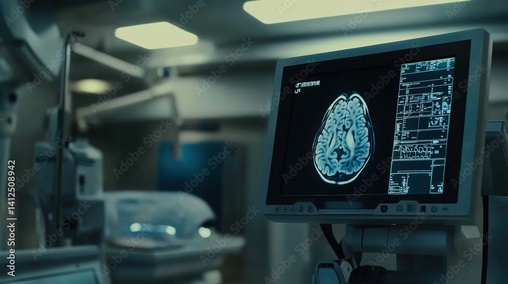Brain Imaging Machine Close-up of a high-tech MRI machine in a modern medical facility ...