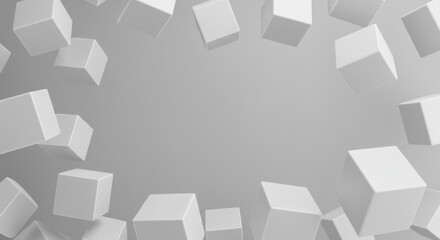Poster - Abstract 3D Rendering of White Cubes Floating in Grey Space: Minimalist Geometric Design Background