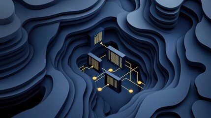 Poster - A digital landscape featuring abstract, layered forms with data connections, blending technology and design in a visually striking manner.