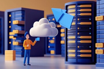 Poster - A digital illustration depicting a person interacting with a cloud and a server, symbolizing data transfer and cloud computing technology.