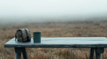 Poster - Hunter resting with coffee mug and backpack on rustic wooden table in misty hunting ground