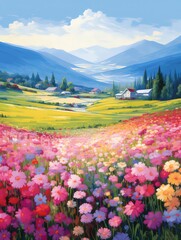 Poster - カラフルな花咲く風景画 丘の上の鮮やかなピンク色の花畑と青い山々 広大な夏の自然の美しさ