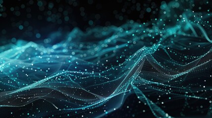 Poster - An artistic abstract representation featuring azure waves and dots against a black background. This image conveys a sense of modern technology and fluid motion.