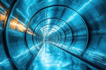 Poster - A vibrant illuminated tunnel showcasing dynamic blue tones in an urban setting
