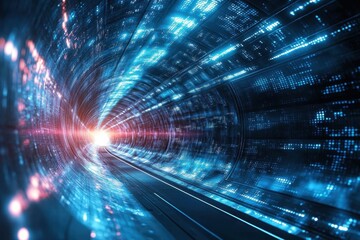 Poster - A futuristic tunnel illuminated by blue and red lights with abstract digital patterns in view