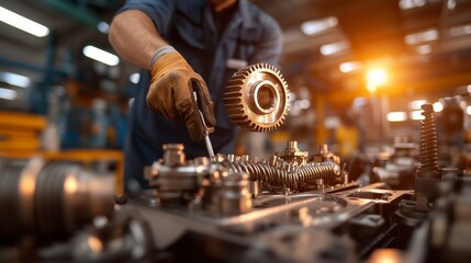 Poster - Mechanic assembling engine components in industrial workshop during late afternoon