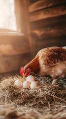 Poster - Brown hen is standing on a straw nest, watching over five fresh eggs in a rustic wooden chicken coop, bathed in warm sunlight from a nearby window