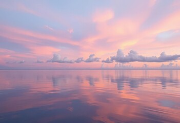 Wall Mural - peach and lilac dawn sky reflected in calm sea, soft clouds, serene, harmony