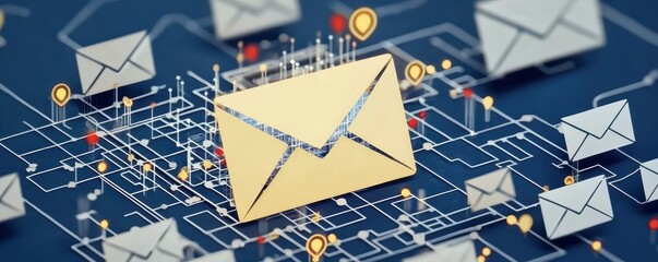 Poster - A digital illustration featuring an envelope surrounded by network connections, symbolizing communication and technology.