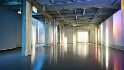 Poster - A minimal blurred event space with clean architectural lines and gentle lighting gradients in a large room