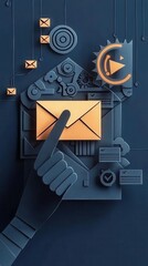 Poster - A stylized graphic showing a hand interacting with an envelope, surrounded by gears and icons, representing email communication and technology.