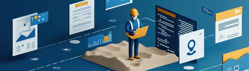 Poster - A digital illustration depicting a construction worker using a laptop amidst floating data documents, symbolizing technology in the construction industry.