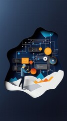 Poster - A digital illustration of a person interacting with abstract technology elements, featuring vibrant colors and geometric shapes against a dark background.