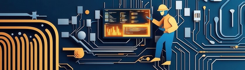 Poster - A digital illustration of a worker interacting with a circuit board, symbolizing technology and data management in a vibrant, modern design.