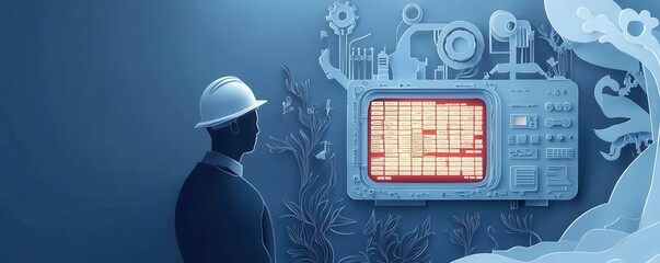 Poster - A worker in a hard hat observes a futuristic control panel surrounded by intricate designs, suggesting themes of technology and innovation.