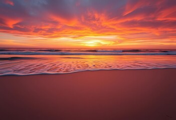 Wall Mural - sunrise paints fiery hues across a vast, pristine sandy beach, waves gently lapping the shore, calm,