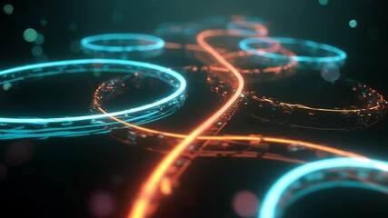 Poster - Abstract Neon Rings: Intertwined neon rings in vibrant teal and orange illuminate a dark, abstract background, creating a dynamic and visually captivating scene.