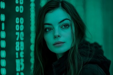 Poster - Stock is illustrated through a fusion of a female face with digital matrix numbers, placed on a dark background of binary code with a hidden face, and incorporating elements of virtual reality and a
