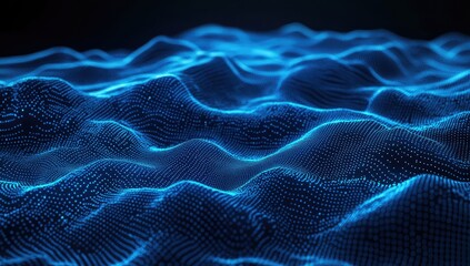 Wall Mural - A mesmerizing abstract blue digital landscape, composed of undulating waves of interconnected glowing points, creating a sense of depth and movement