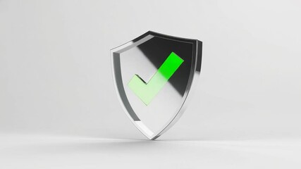 Aufkleber - Metallic shield with a green check mark rotating slightly, symbolizing digital security and successful verification, isolated on a white background
