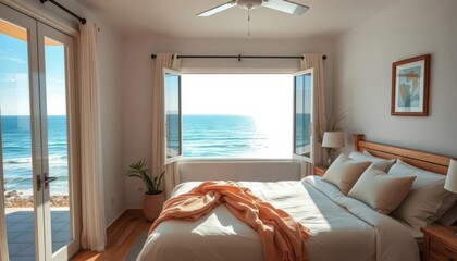 Wall Mural - sun-drenched bedroom, calming ocean view from window, pillows, sand